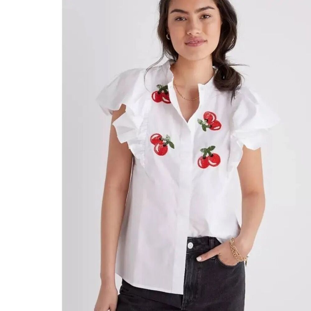 Dhruv Kapoor White Cherry Embellished Flutter sleeve top